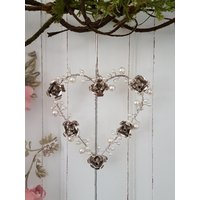 Herz Mit Rosenblüten Und Perlen - Silber Handgefertigt Höhe 14, 5 cm von dekodreamswolf