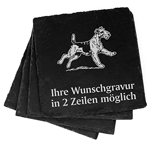 4X Airedale Terrier Deko Schiefer Untersetzer Wunschgravur Set - 11 x 11 cm Flaschenuntersetzer Glasuntersetzer Tassenuntersetzer von dekolando