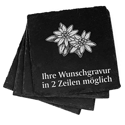 4X Alpen Edelweiss Deko Schiefer Untersetzer Wunschgravur Set - 11 x 11 cm Flaschenuntersetzer Glasuntersetzer Tassenuntersetzer von dekolando