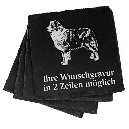 4X Australian Shepherd Deko Schiefer Untersetzer Wunschgravur Set - 11 x 11 cm Flaschenuntersetzer Glasuntersetzer Tassenuntersetzer von dekolando