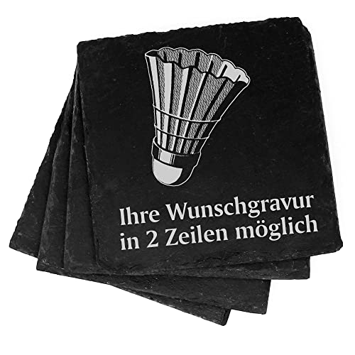 4X Badminton Federball Deko Schiefer Untersetzer Wunschgravur Set - 11 x 11 cm Flaschenuntersetzer Glasuntersetzer Tassenuntersetzer von dekolando