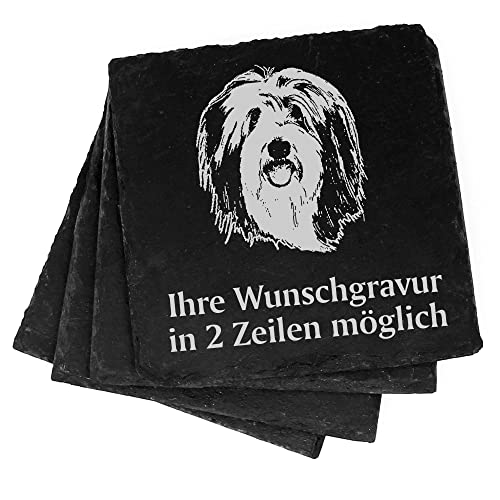 4X Bearded Collie Deko Schiefer Untersetzer Wunschgravur Set - 11 x 11 cm Flaschenuntersetzer Glasuntersetzer Tassenuntersetzer von dekolando