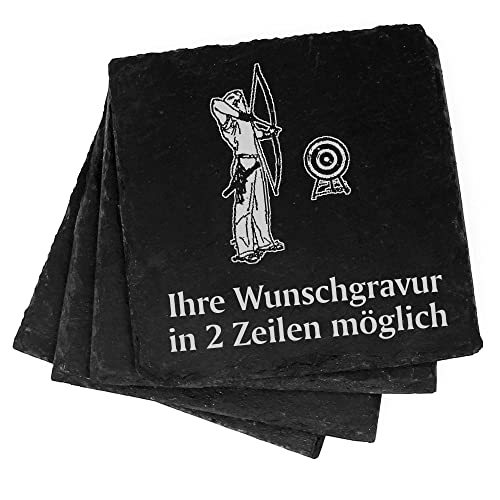 4X Bogenschießen Deko Schiefer Untersetzer Wunschgravur Set - 11 x 11 cm Flaschenuntersetzer Glasuntersetzer Tassenuntersetzer von DEKOLANDO