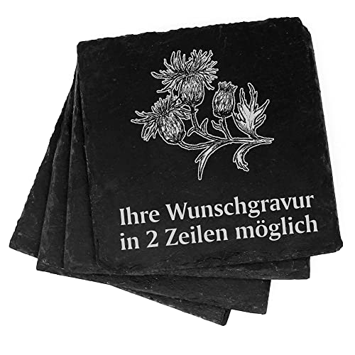 4X Distel Deko Schiefer Untersetzer Wunschgravur Set - 11 x 11 cm Flaschenuntersetzer Glasuntersetzer Tassenuntersetzer von dekolando