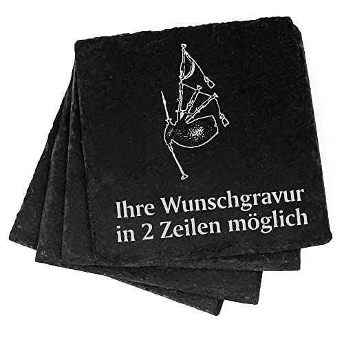 4X Dudelsack Deko Schiefer Untersetzer Wunschgravur Set - 11 x 11 cm Flaschenuntersetzer Glasuntersetzer Tassenuntersetzer von DEKOLANDO