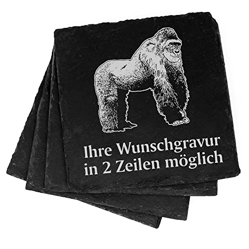 4X Gorilla Deko Schiefer Untersetzer Wunschgravur Set - 11 x 11 cm Flaschenuntersetzer Glasuntersetzer Tassenuntersetzer von DEKOLANDO
