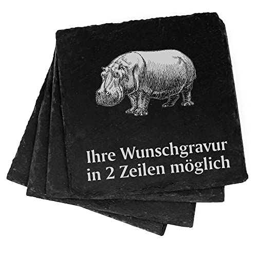 4X Nilpferd Hippo Deko Schiefer Untersetzer Wunschgravur Set - 11 x 11 cm Flaschenuntersetzer Glasuntersetzer Tassenuntersetzer von dekolando