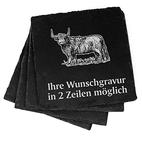 4X Schottisches Hochlandrind Deko Schiefer Untersetzer Wunschgravur Set - 11 x 11 cm Flaschenuntersetzer Glasuntersetzer Tassenuntersetzer von dekolando