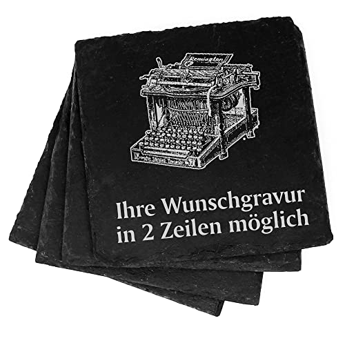 4X Schreibmaschine Deko Schiefer Untersetzer Wunschgravur Set - 11 x 11 cm Flaschenuntersetzer Glasuntersetzer Tassenuntersetzer von dekolando