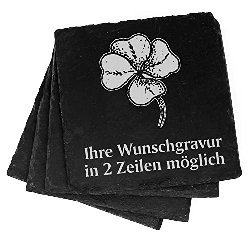 4X Vierblättriges Kleeblatt Deko Schiefer Untersetzer Wunschgravur Set - 11 x 11 cm Flaschenuntersetzer Glasuntersetzer Tassenuntersetzer von dekolando