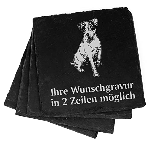 4X sitzender Jack Russell Terrier Deko Schiefer Untersetzer Wunschgravur Set - 11 x 11 cm Flaschenuntersetzer Glasuntersetzer Tassenuntersetzer von dekolando