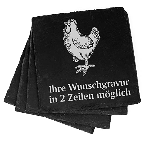 4X stolzes Huhn Deko Schiefer Untersetzer Wunschgravur Set - 11 x 11 cm Flaschenuntersetzer Glasuntersetzer Tassenuntersetzer von DEKOLANDO