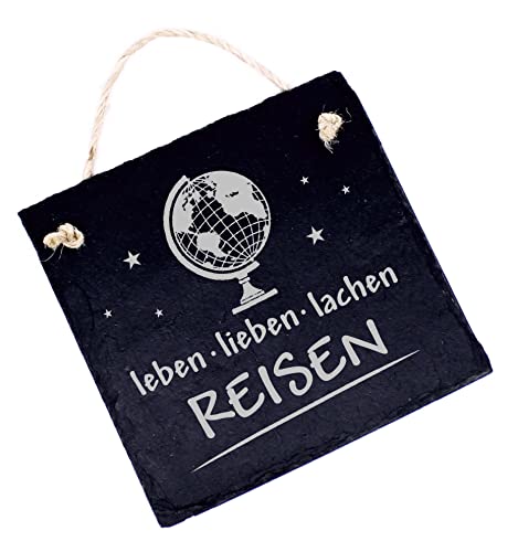 Dekolando Reisen Schild Globus - Leben Lieben Lachen - Schiefer Türschild Gravur Dekoschild Reisekasse Urlaubsreise 11 x 11 cm von dekolando