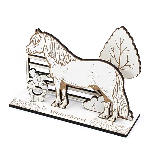 Geldgeschenk Pferd SHETLANDPONY Pferdekoppel mit Busch Zaun Baum - inkl. Wunschtext Name - Pferde Schild für Geld Gutschein Gutscheingeschenk Reiten Reiterhof - 20 x 15 cm von dekolando