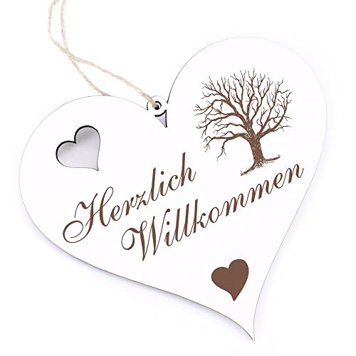 Herzlich Willkommen Schild - Baum im Winter - Deko Herz Holz Willkommensschild Türschild Dekoschild Türdeko von dekolando