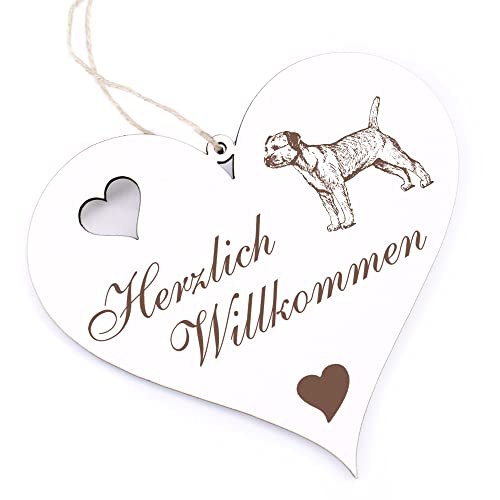 Herzlich Willkommen Schild - Border Terrier - Deko Herz Holz Willkommensschild Türschild Dekoschild Türdeko von dekolando