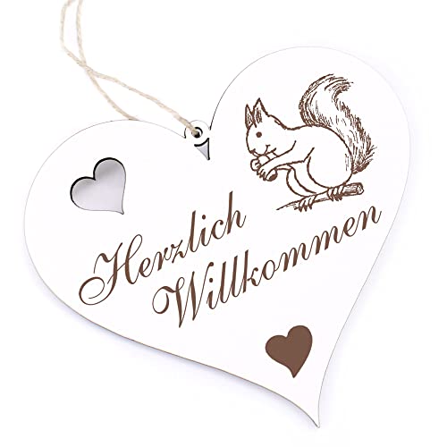 Herzlich Willkommen Schild - Eichhörnchen mit Nuss - Deko Herz Holz Willkommensschild Türschild Dekoschild Türdeko von dekolando