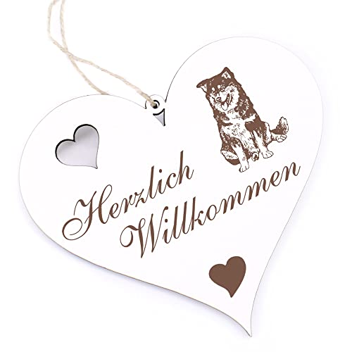 Herzlich Willkommen Schild - Finnischer Lapphund - Deko Herz Holz Willkommensschild Türschild Dekoschild Türdeko von dekolando