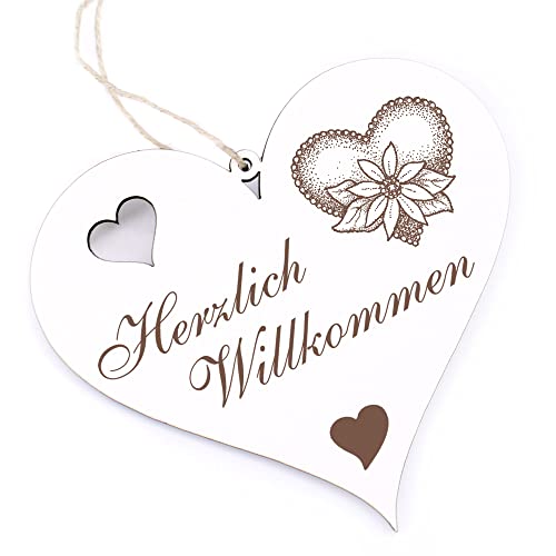 Herzlich Willkommen Schild - Herz mit Blume - Deko Herz Holz Willkommensschild Türschild Dekoschild Türdeko von dekolando