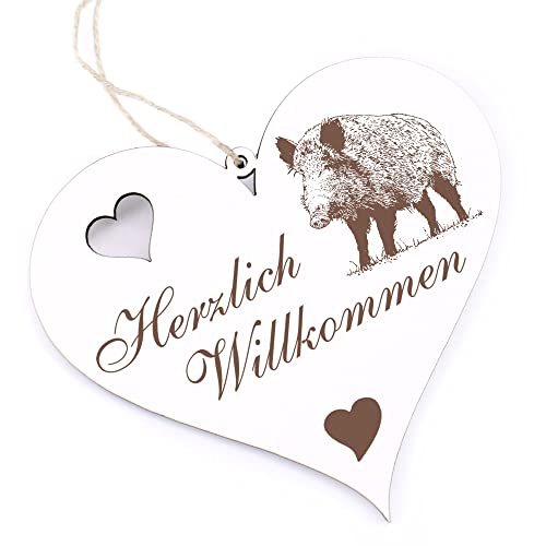 Herzlich Willkommen Schild - Keiler Wildschwein - Deko Herz Holz Willkommensschild Türschild Dekoschild Türdeko von dekolando