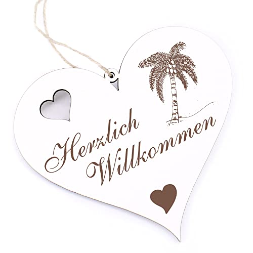 Herzlich Willkommen Schild - Palme - Deko Herz Holz Willkommensschild Türschild Dekoschild Türdeko von dekolando