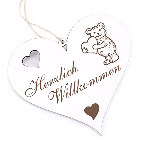 Herzlich Willkommen Schild - Teddy mit Herz - Deko Herz Holz Willkommensschild Türschild Dekoschild Türdeko von dekolando