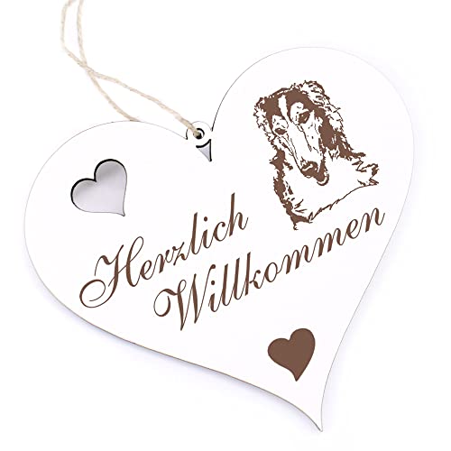 Herzlich Willkommen Schild - Windhund Barsoi - Deko Herz Holz Willkommensschild Türschild Dekoschild Türdeko von dekolando