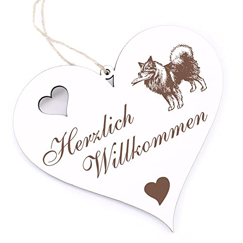 Herzlich Willkommen Schild - Wolfsspitz - Deko Herz Holz Willkommensschild Türschild Dekoschild Türdeko von dekolando