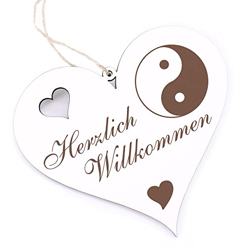 Herzlich Willkommen Schild - Yin und Yang - Deko Herz Holz Willkommensschild Türschild Dekoschild Türdeko von dekolando