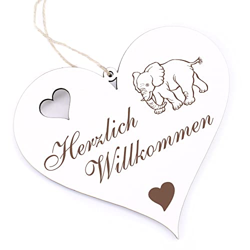 Herzlich Willkommen Schild - laufender Elefant - Deko Herz Holz Willkommensschild Türschild Dekoschild Türdeko von dekolando