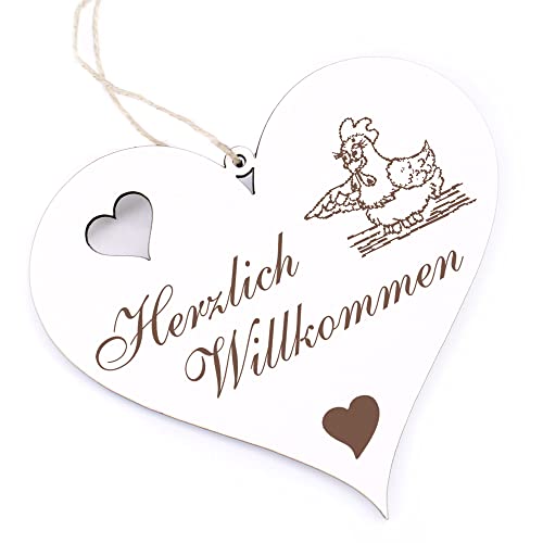 Herzlich Willkommen Schild - niedliche Henne - Deko Herz Holz Willkommensschild Türschild Dekoschild Türdeko von dekolando