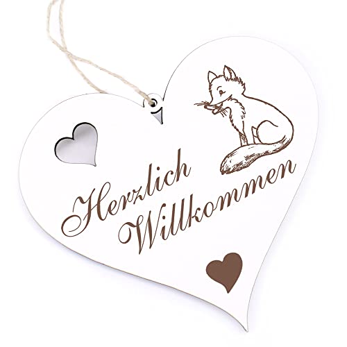 Herzlich Willkommen Schild - sitzender Fuchs - Deko Herz Holz Willkommensschild Türschild Dekoschild Türdeko von dekolando