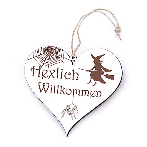 Hexlich Willkommen Halloween Deko Türschild - Herzlich Willkommen Herz 12x13cm Hexe Spinne Spinnennetz Holz von dekolando