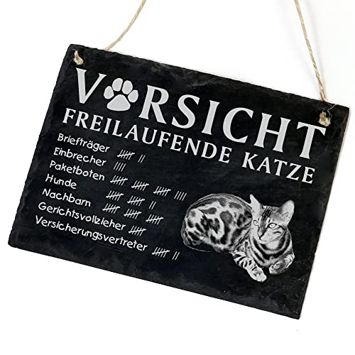 Schiefertafel Katze Deko Schild - Bengalkatze - Vorsicht freilaufende Katze 22 x 16 cm Katzen Dekoration Zubehör Katzendeko von dekolando