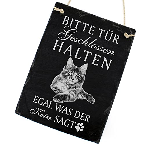 Schiefertafel Katze Deko Schild - Maine Coon - Bitte Tür geschlossen halten, egal was der Kater SAGT 16 x 22 cm Katzen Dekoration Zubehör Katzendeko von dekolando