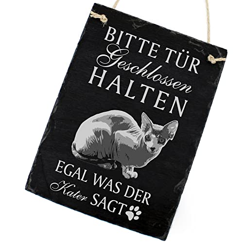 Schiefertafel Katze Deko Schild - Sphynx - Bitte Tür geschlossen halten, egal was der Kater SAGT 16 x 22 cm Katzen Dekoration Zubehör Katzendeko von dekolando