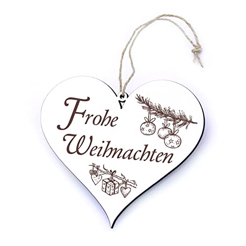 Schild Holz Herz mit Gravur Frohe Weihnachten - Türschild Winterdeko Weihnachtsdeko weiß Vintage Baumschmuck Willkommensschild 13 x 12 cm von dekolando