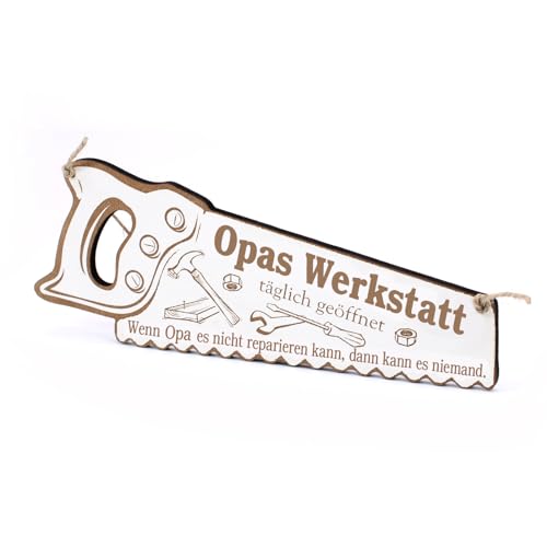 Schild Säge Opas Werkstatt - täglich geöffnet - Wenn Opa es nicht reparieren kann Spruch - Türschild Dekoschild - 24 x 10 cm von dekolando