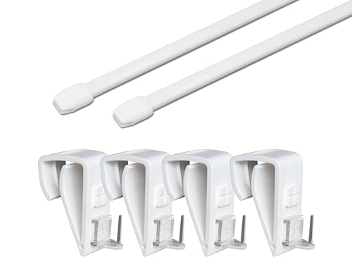 Vitragestangen 2er Pack, weiß, oval, ausziehbar, 2x Gardinenstange inkl. Befestigung OHNE Bohren und OHNE Kleben (40-60 cm + Klemmträger Kunststoff) von dekondo
