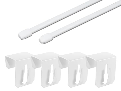 Vitragestangen 2er Pack, weiß, oval, ausziehbar, 2x Gardinenstange inkl. Befestigung OHNE Bohren und OHNE Kleben (40-60 cm + Klemmträger Metall) von dekondo