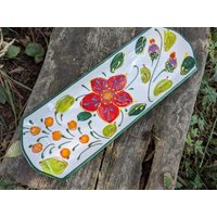 Servierplatte Mohnblume Handgemalt Platte Baguettschale Servieren Weiß Blume 32-2 Flor Verde von dekorIris