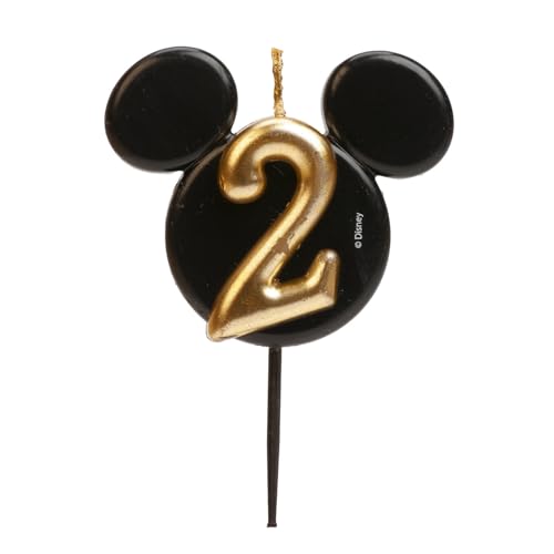 dekora - Micky Maus Geburtstagskerze aus Duftfreiem Paraffinwachs - Disney Zahlenkerzen mit Schwarzen und Goldenen Mickey Mouse Ohren - Größe 8,5 cm - Zahlenkerze Nummer 2 von dekora