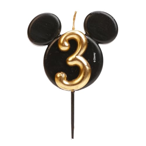 dekora - Micky Maus Geburtstagskerze aus Duftfreiem Paraffinwachs - Disney Zahlenkerzen mit Schwarzen und Goldenen Mickey Mouse Ohren - Größe 8,5 cm - Zahlenkerze Nummer 3 von dekora