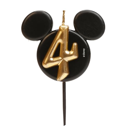 dekora - Micky Maus Geburtstagskerze aus Duftfreiem Paraffinwachs - Disney Zahlenkerzen mit Schwarzen und Goldenen Mickey Mouse Ohren - Größe 8,5 cm - Zahlenkerze Nummer 4 von dekora