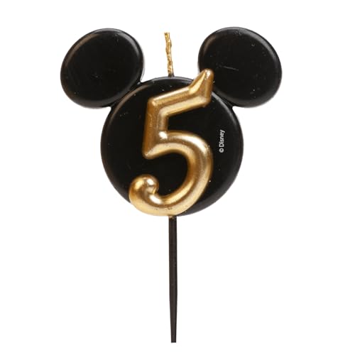 dekora - Micky Maus Geburtstagskerze aus Duftfreiem Paraffinwachs - Disney Zahlenkerzen mit Schwarzen und Goldenen Mickey Mouse Ohren - Größe 8,5 cm - Zahlenkerze Nummer 5 von dekora