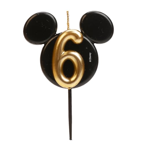 dekora - Micky Maus Geburtstagskerze aus Duftfreiem Paraffinwachs - Disney Zahlenkerzen mit Schwarzen und Goldenen Mickey Mouse Ohren - Größe 8,5 cm - Zahlenkerze Nummer 6 von dekora