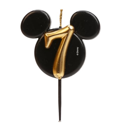 dekora - Micky Maus Geburtstagskerze aus Duftfreiem Paraffinwachs - Disney Zahlenkerzen mit Schwarzen und Goldenen Mickey Mouse Ohren - Größe 8,5 cm - Zahlenkerze Nummer 7 von dekora