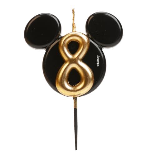 dekora - Micky Maus Geburtstagskerze aus Duftfreiem Paraffinwachs - Disney Zahlenkerzen mit Schwarzen und Goldenen Mickey Mouse Ohren - Größe 8,5 cm - Zahlenkerze Nummer 8 von dekora