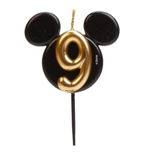 dekora - Micky Maus Geburtstagskerze aus Duftfreiem Paraffinwachs - Disney Zahlenkerzen mit Schwarzen und Goldenen Mickey Mouse Ohren - Größe 8,5 cm - Zahlenkerze Nummer 9 von dekora