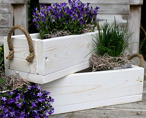 dekorie67 Blumenkasten aus massivem Holz - Farbe: Weiß - Größe (HxBxT): 12 cm x 40 cm x 15 cm - Vintage Blumen- & Pflanzenkasten in klein für innen von dekorie67